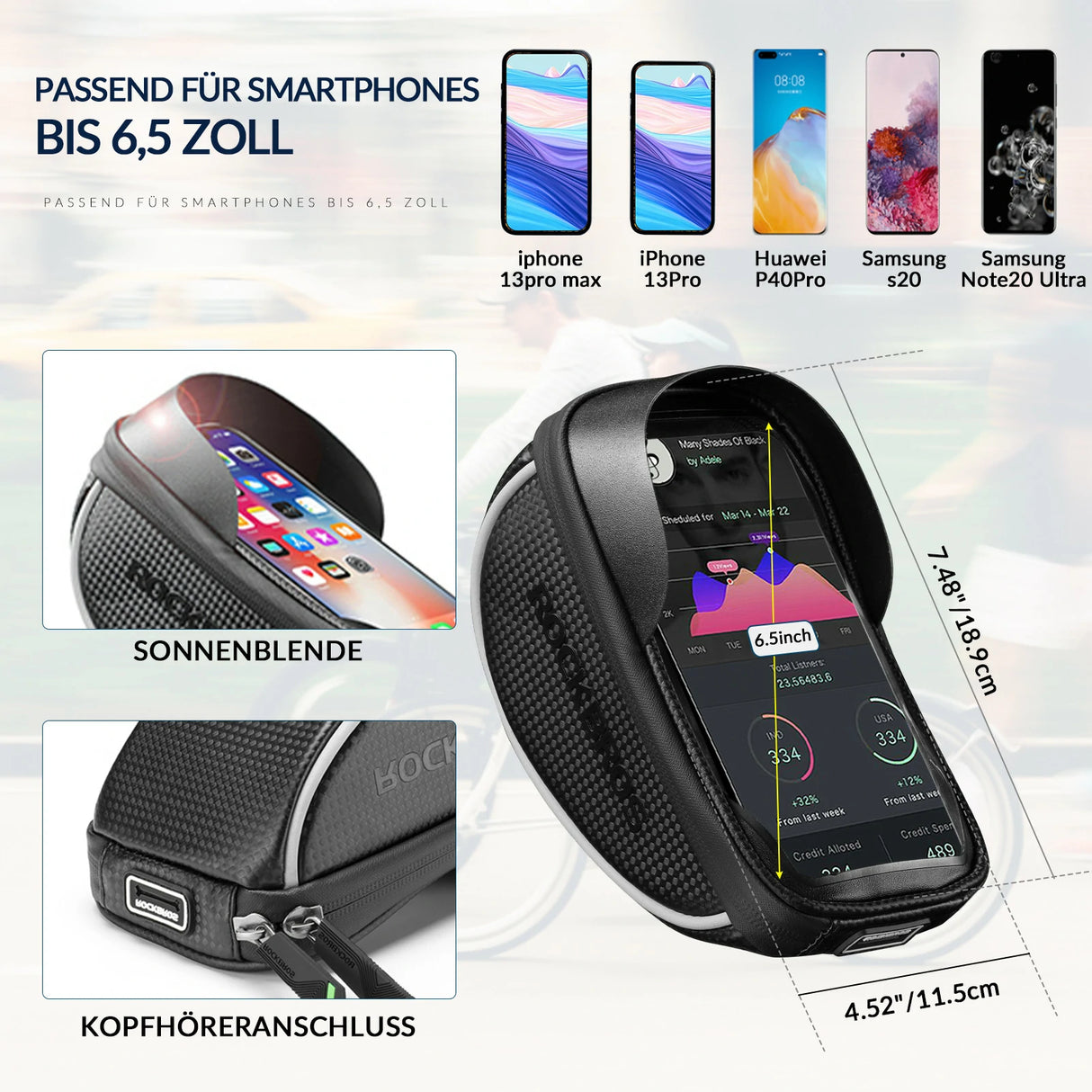 Fahrrad‑Lenkertasche – Wasserdichte Smartphone‑Halterung für bis 6,5 Zoll