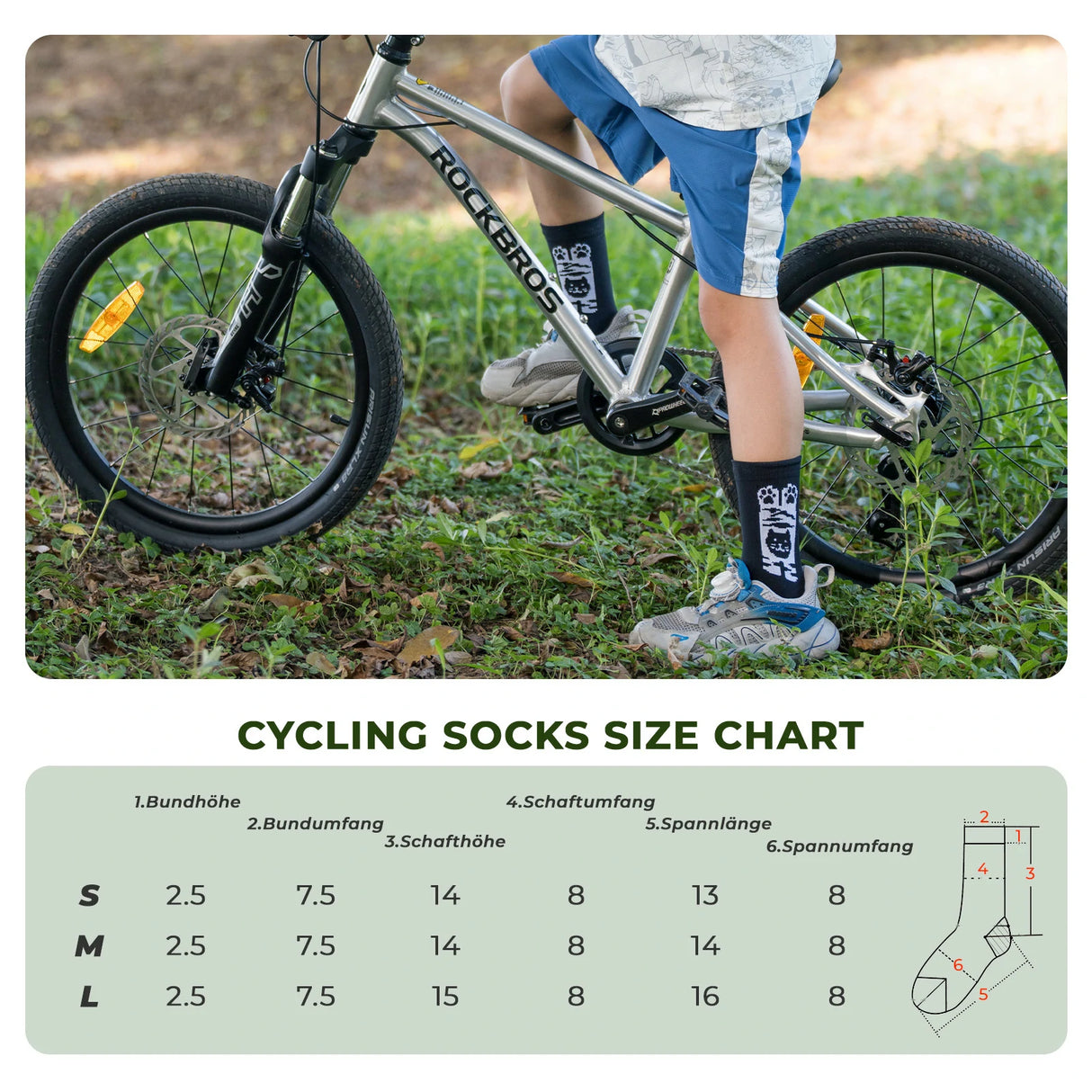 Kinder Fahrradsocken – 5A Antibakteriell, Kompressionszonen & Katzenpfoten-Design