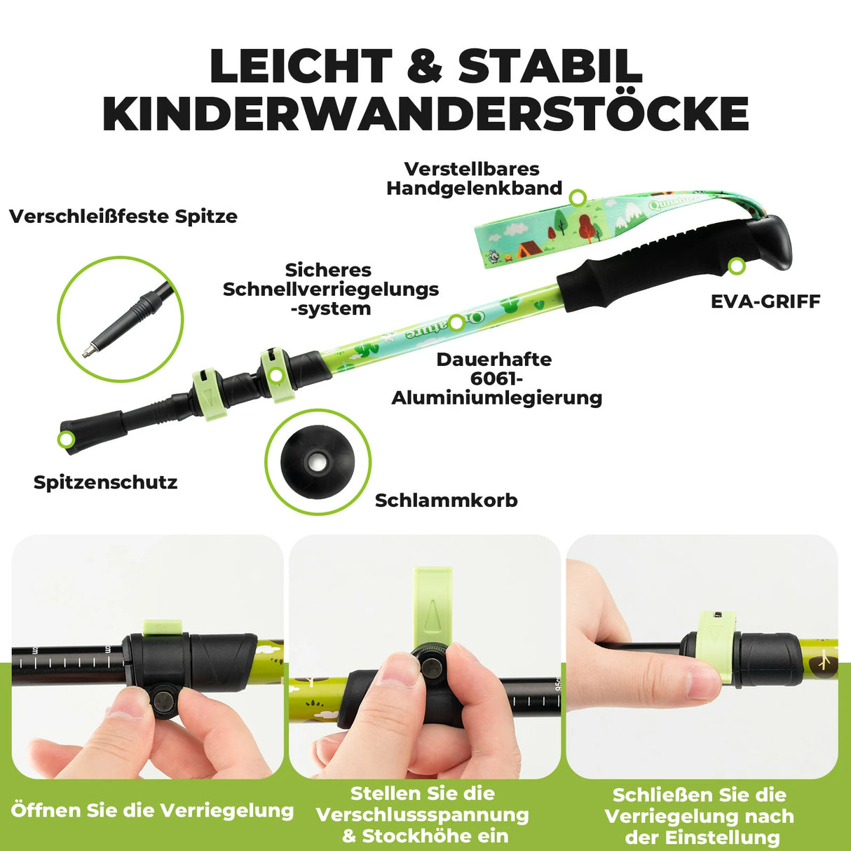 Qunature Kinder-Wanderstöcke – 51–100 cm verstellbar, Aluminium, 1 Stück