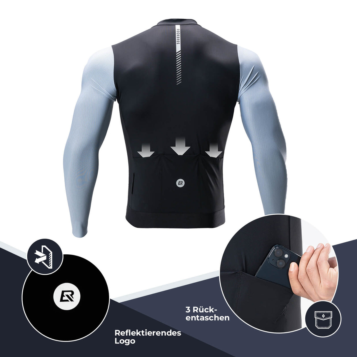 ROCKBROS Herren Langarm-Radtrikot Atmungsaktive Fahrrad Jersey Schnell Trocknend-Schwarz