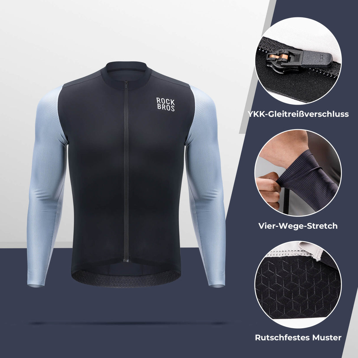ROCKBROS Herren Langarm-Radtrikot Atmungsaktive Fahrrad Jersey Schnell Trocknend-Schwarz
