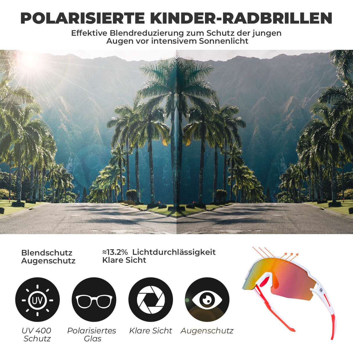 ROCKBROS Kinder Fahrradbrille Sonnenbrille Polarisiert UV400 für Jungen-Rosa-Weiß