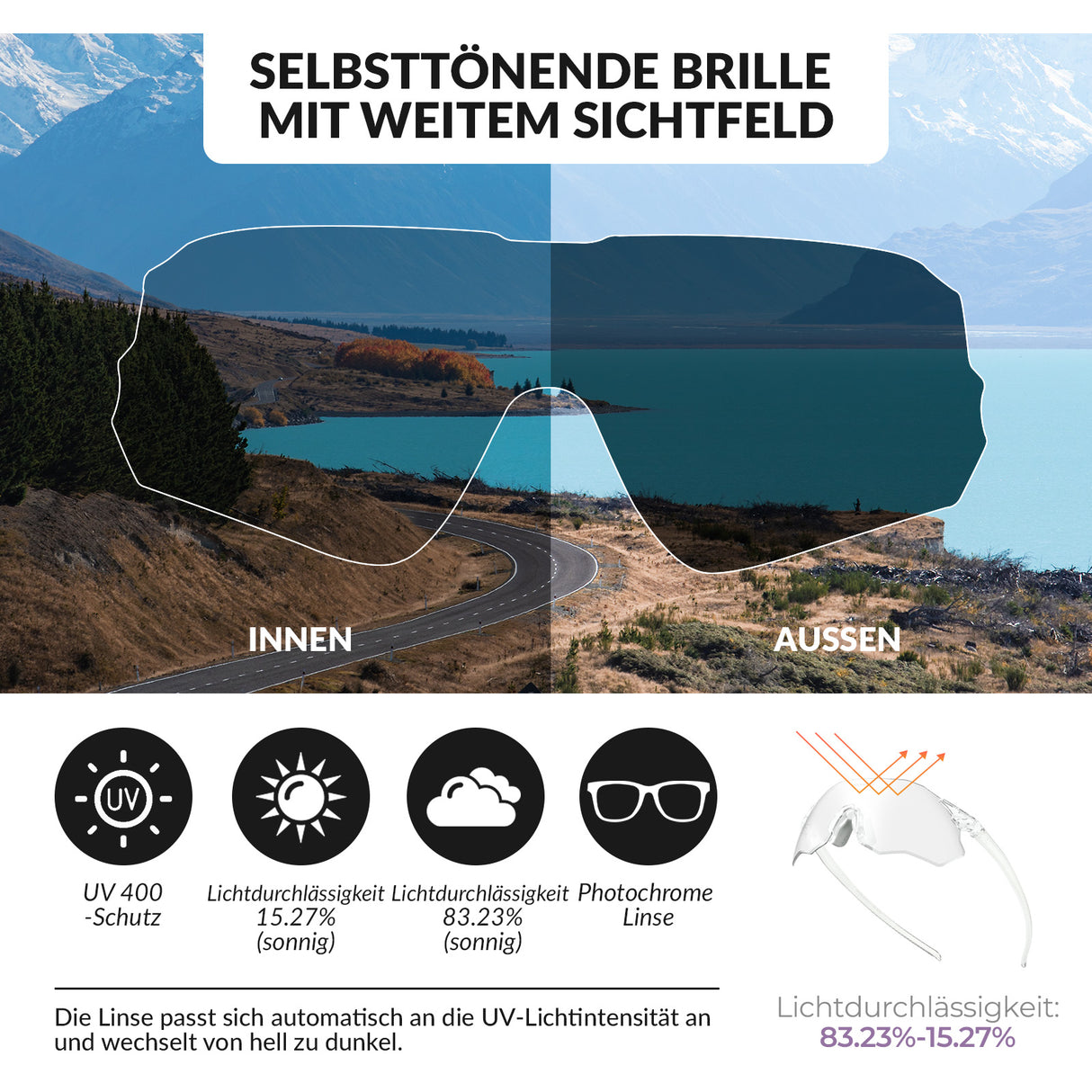 ROCKBROS Fahrradbrille Selbsttönend/Polarisiert UV400-Schutz Ohne Rahmen Unisex-Rosa/Selbsttönend
