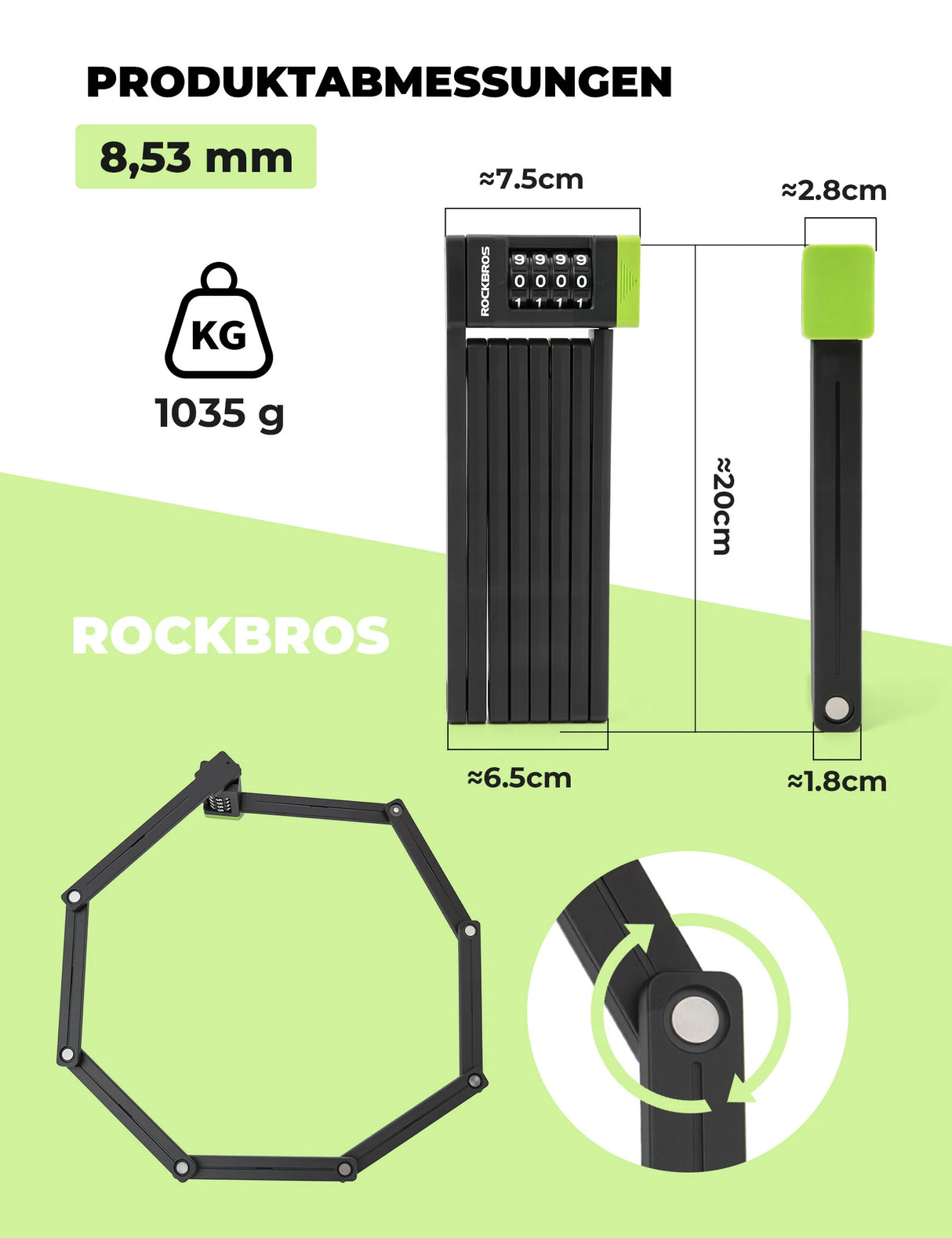 ROCKBROS Faltschloss Fahrrad Diebstahlsicherung – 8 mm extradicker Stahl, 120 cm Länge