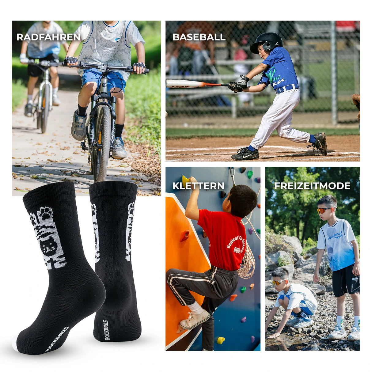 Kinder Fahrradsocken – 5A Antibakteriell, Kompressionszonen & Katzenpfoten-Design