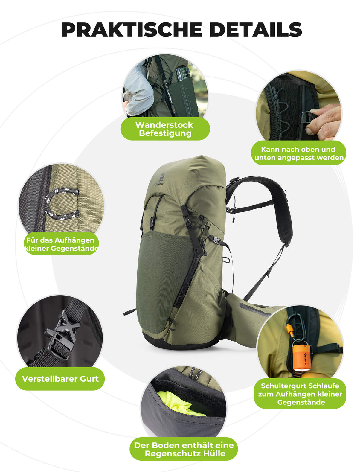 Qunature 25L Wanderrucksack – Atmungsaktiv mit abnehmbarer Tasche & Seitenzugang