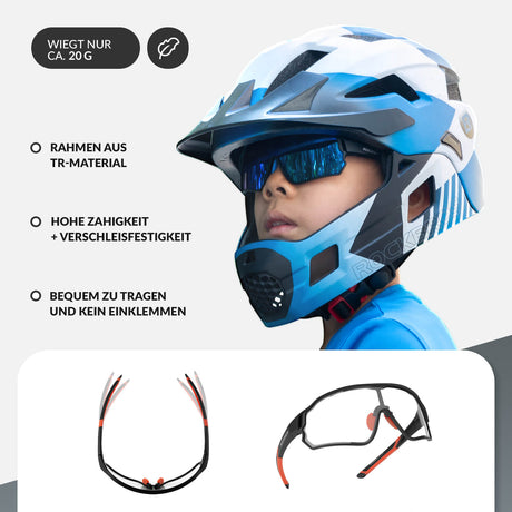 ROCKBROS Kinder Fahrradbrille UV400-Schutz Selbsttönend Sonnenbrille-Schwarz-Rot