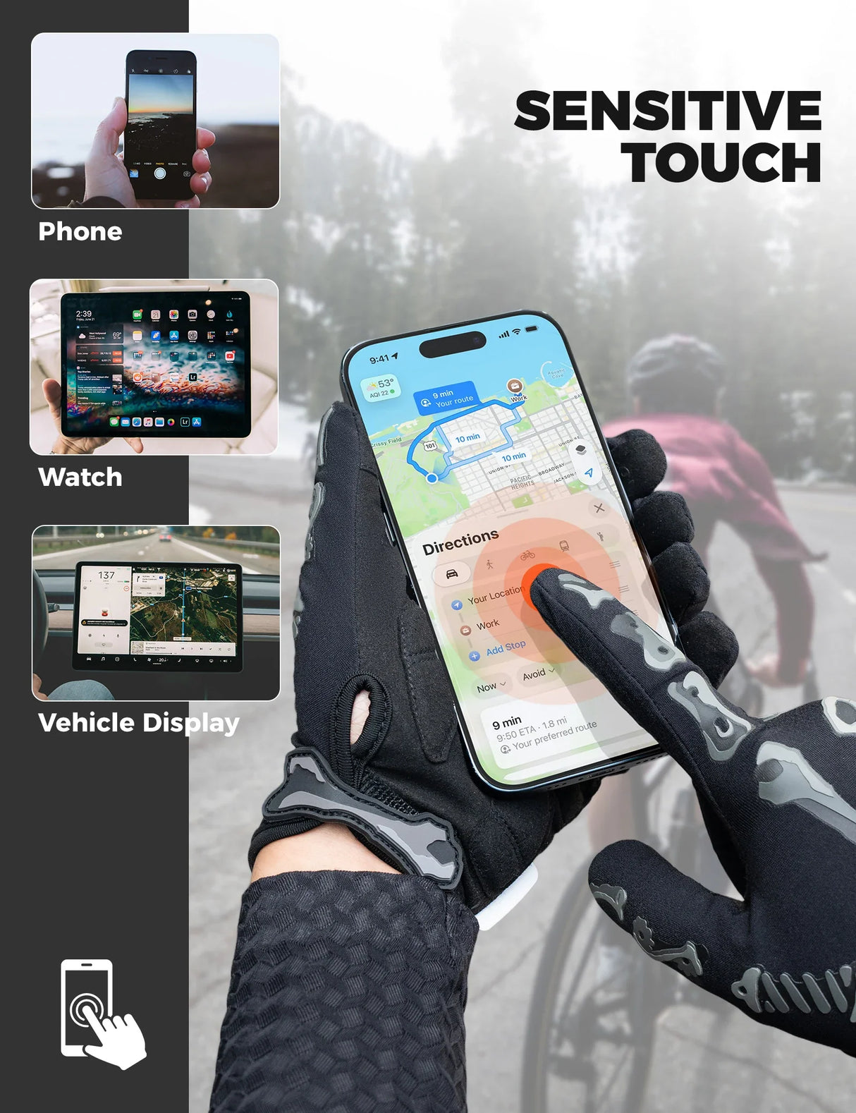 Fahrradhandschuhe mit gepolsterten Handflächen und Touchscreen-Fingerspitzen